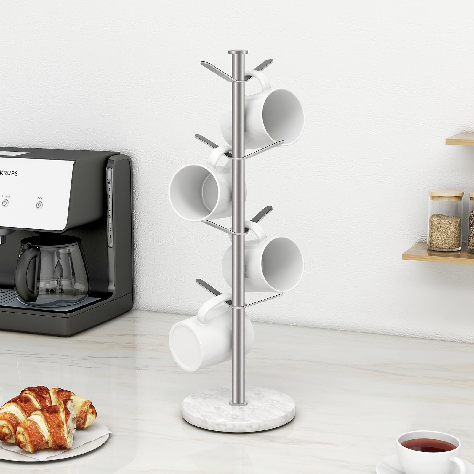 Gypie mug holder tree with easy assembly for customizable cup arrangement.