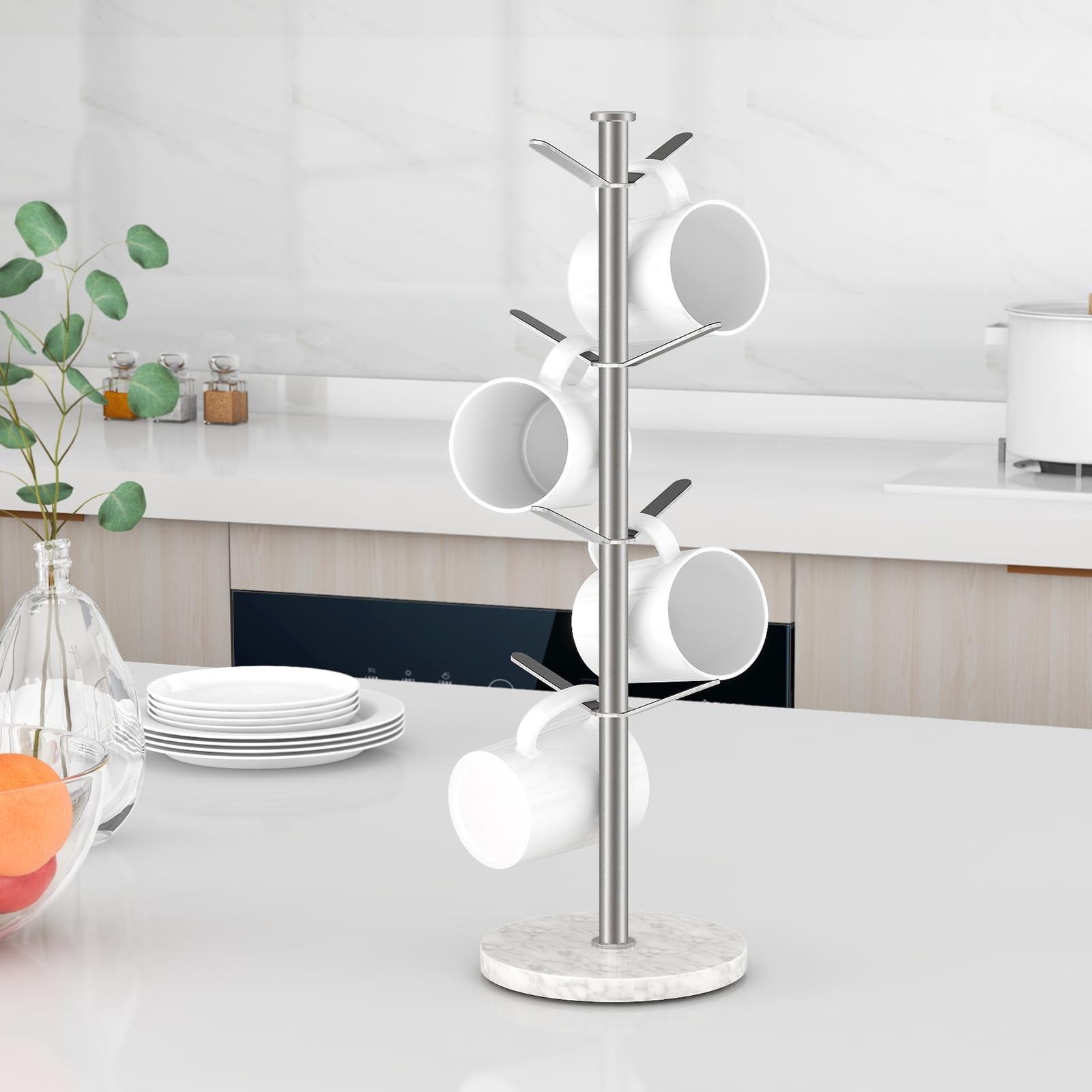 Gypie marble mug holder tree in cafe setting keeps cups organized.