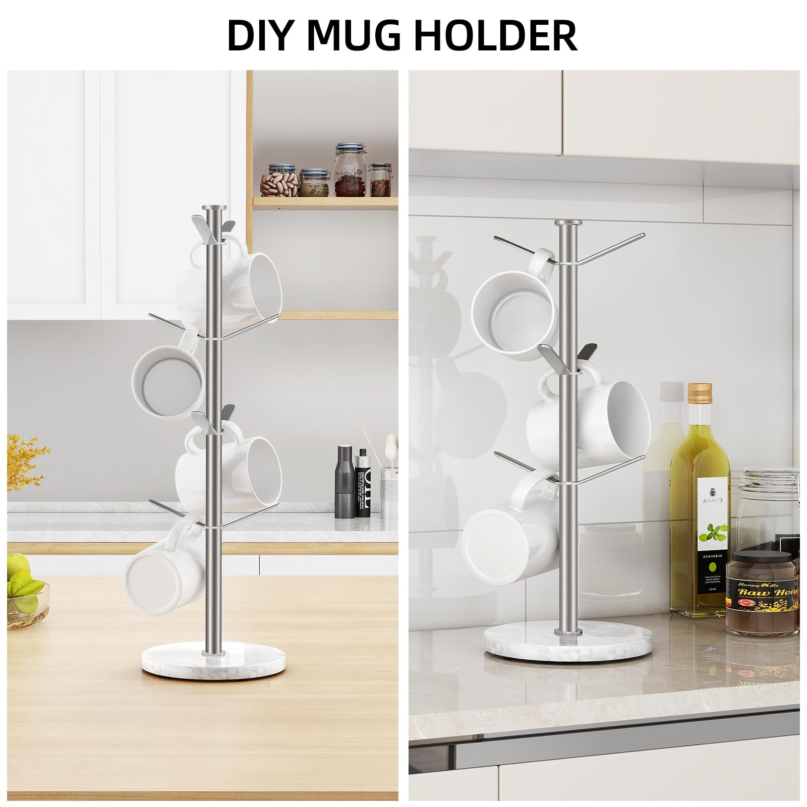 Gypie marble mug holder tree extended height and branches for versatile display.