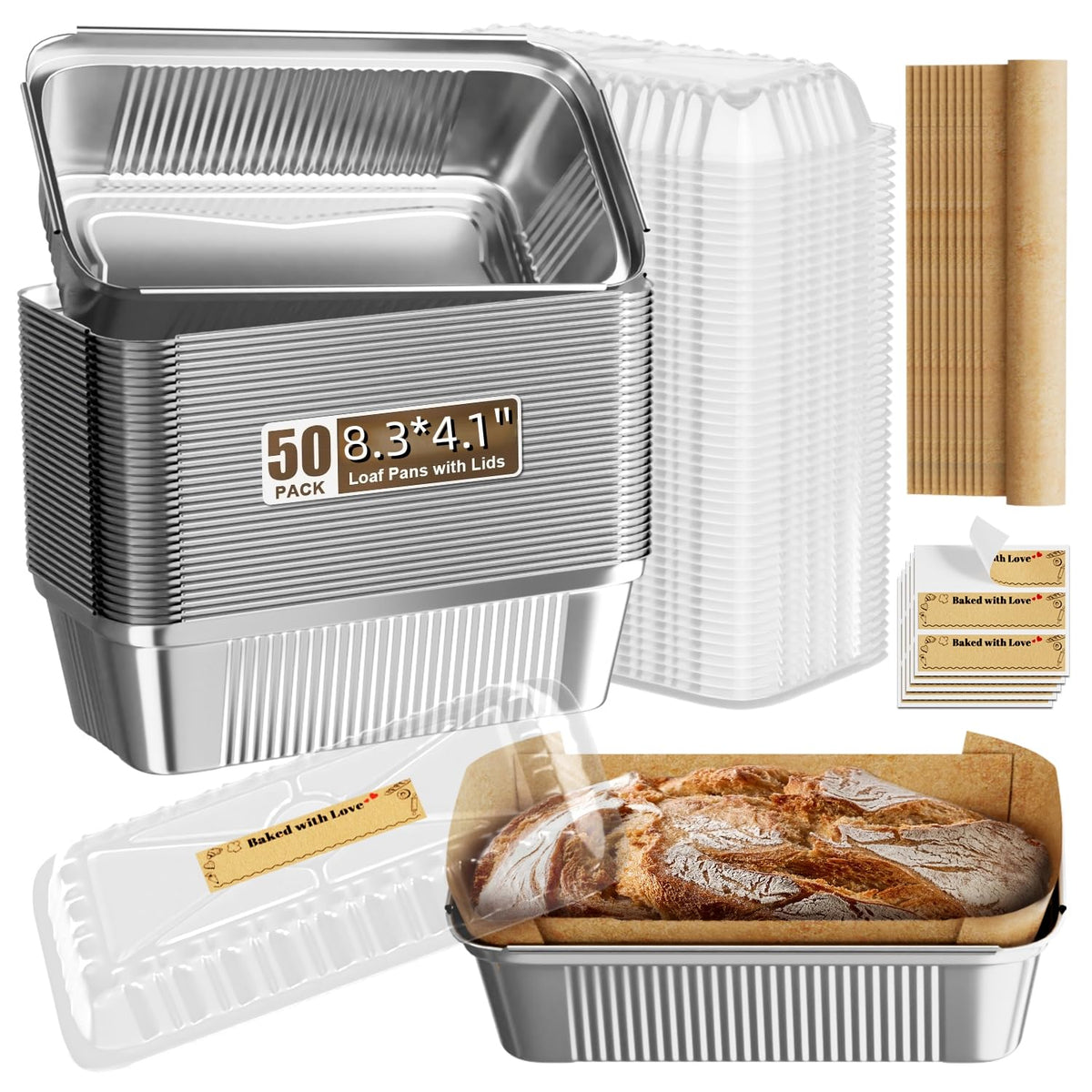Gyreuni 50-pack aluminum loaf pans with lids for easy baking and transport.