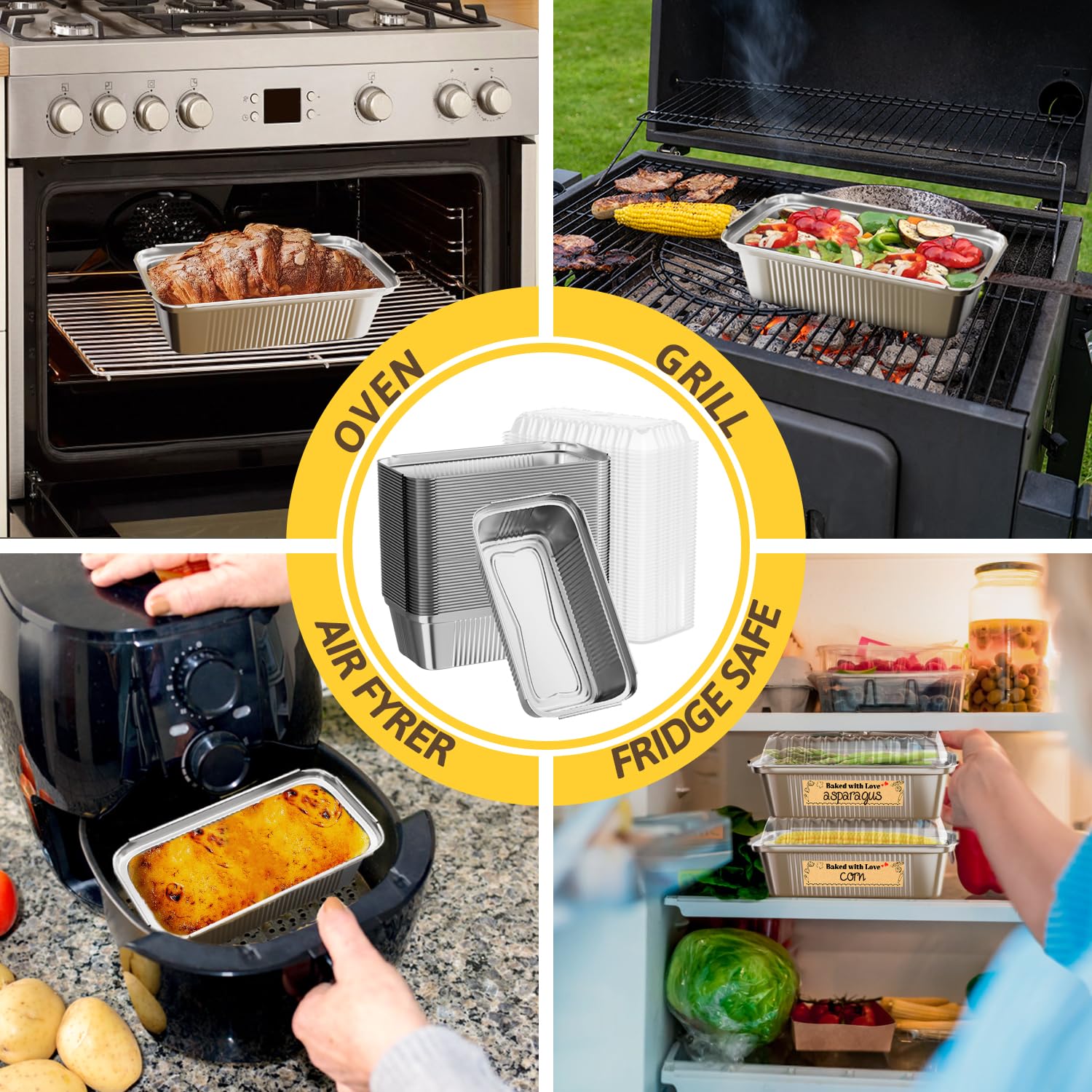 Gyreuni loaf pans with lids for secure transport of baked goods.