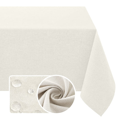 H.VERSAILTEX linen-textured ivory tablecloth, wrinkle-free and durable for everyday dining.