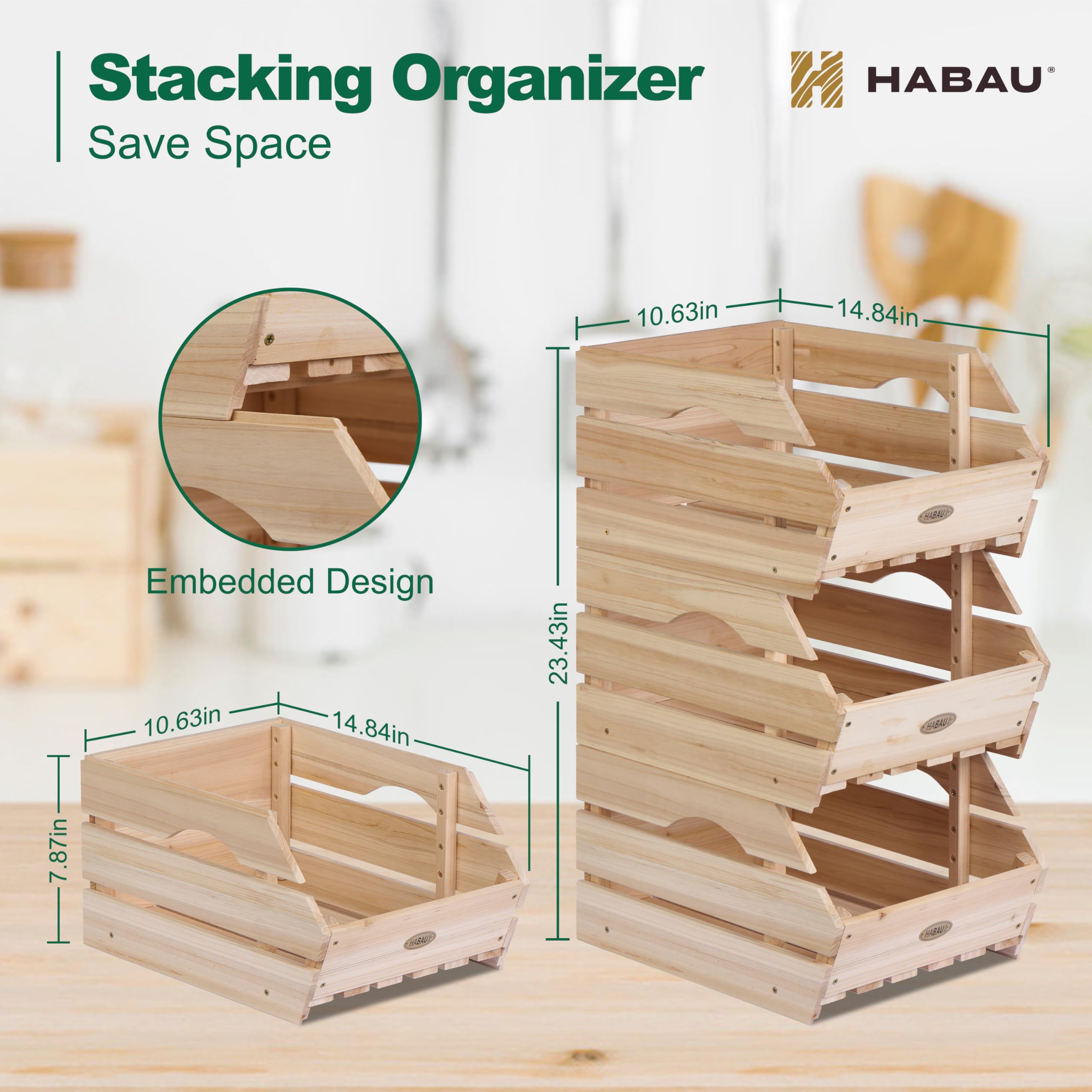HABAU wood pantry bins with hidden handles for easy moving.