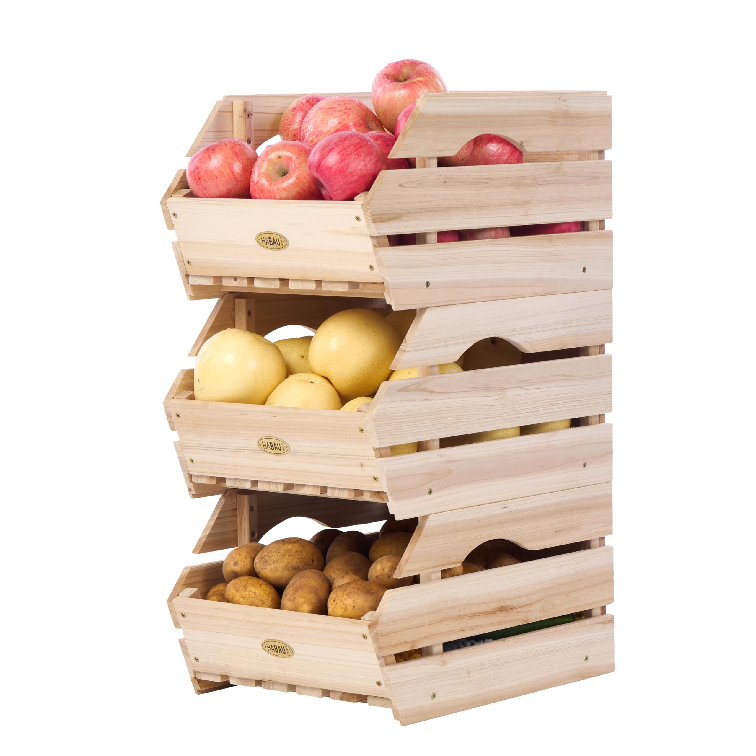 HABAU wood potato onion storage bin, stackable, front view for organized produce.