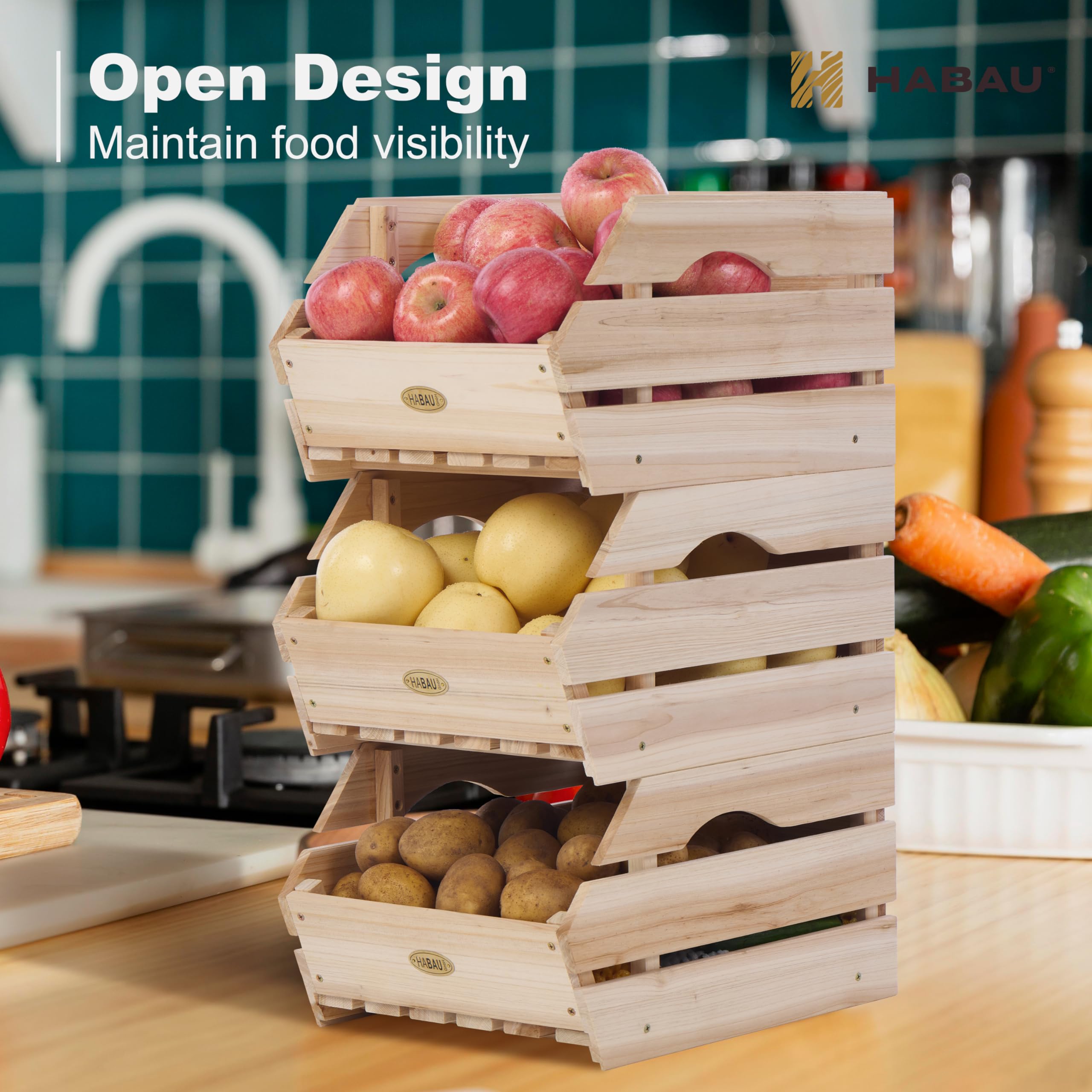 HABAU wooden produce basket, stackable side view, space-saving kitchen solution.