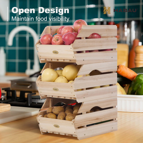 HABAU wooden produce basket, stackable side view, space-saving kitchen solution.