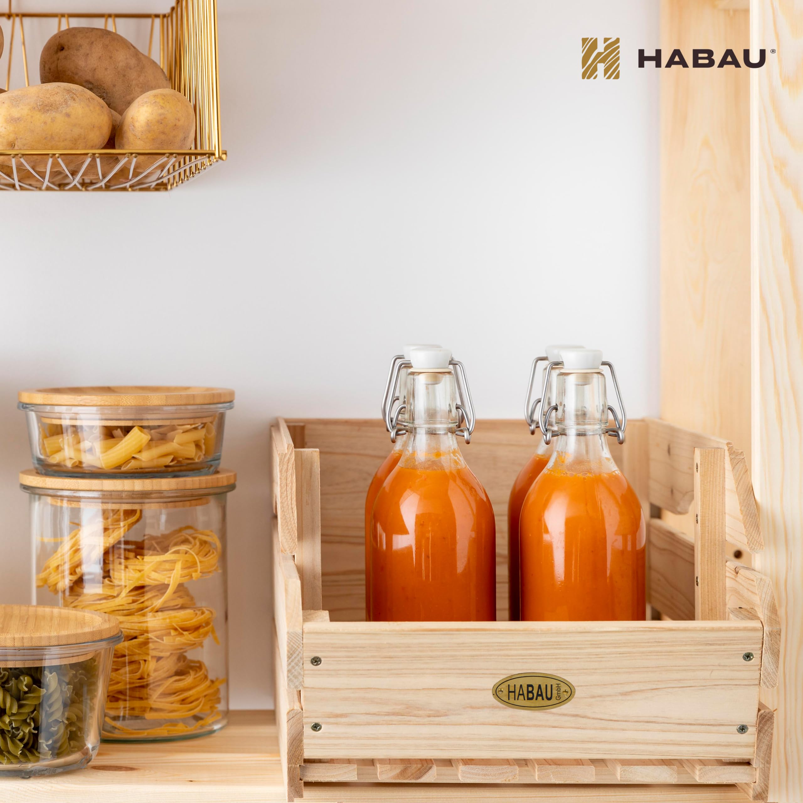 HABAU wood bins store onions, potatoes, snacks, bread, or spices.