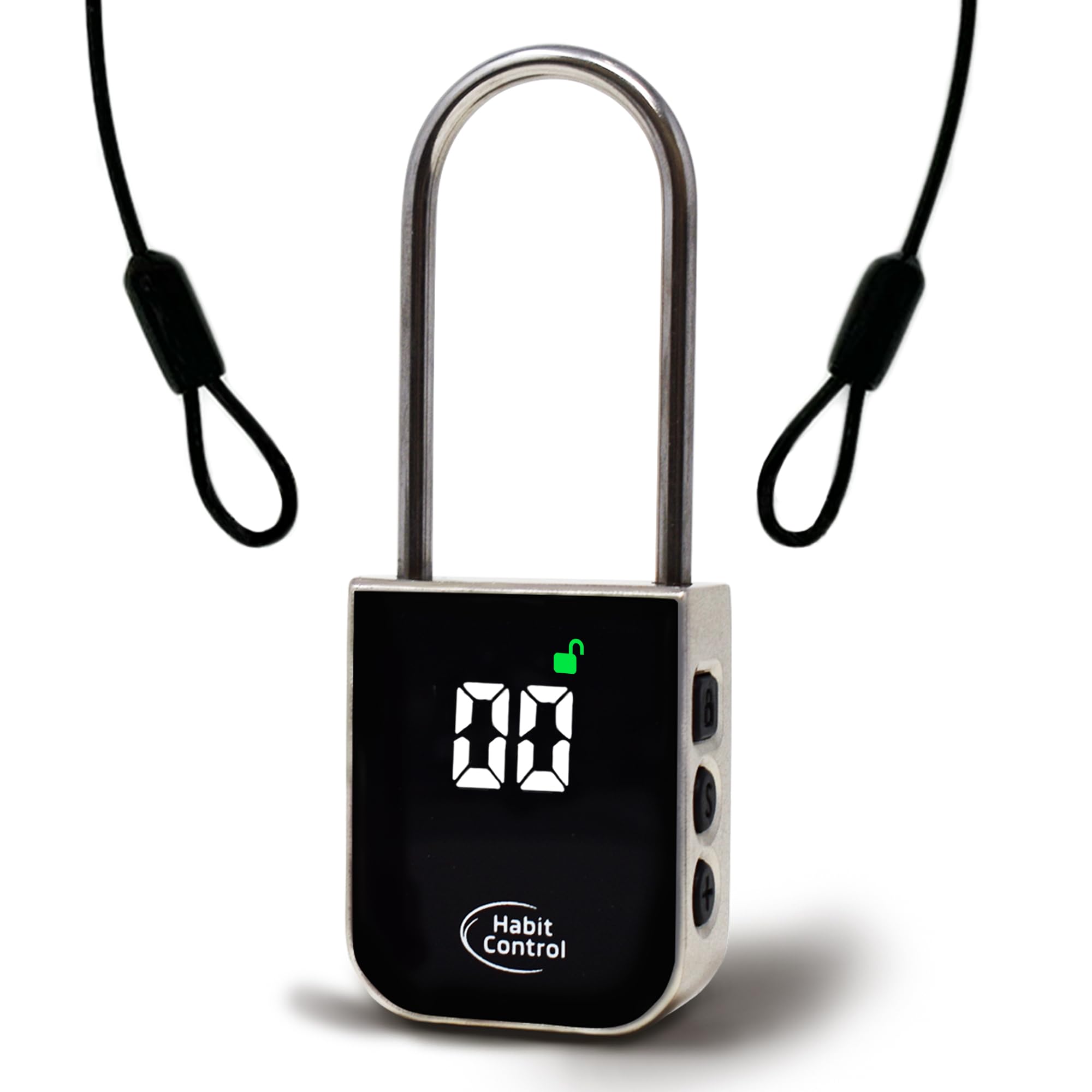 Habit Control timer lock front view with steel cable for secure blocking.