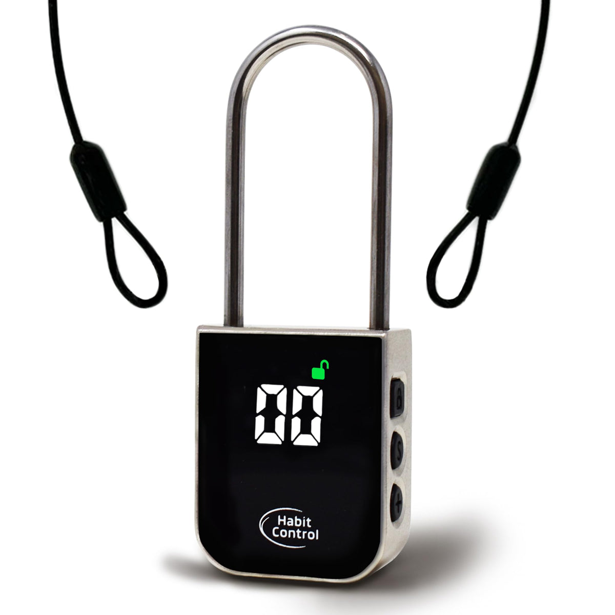 Habit Control timer lock front view with steel cable for secure blocking.