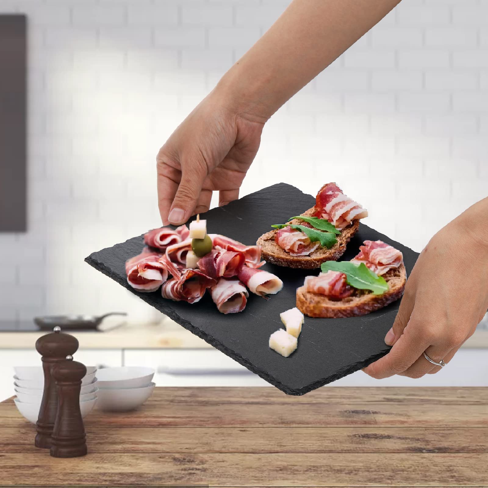 Hacaroa slate board natural edges and texture for stylish plating.