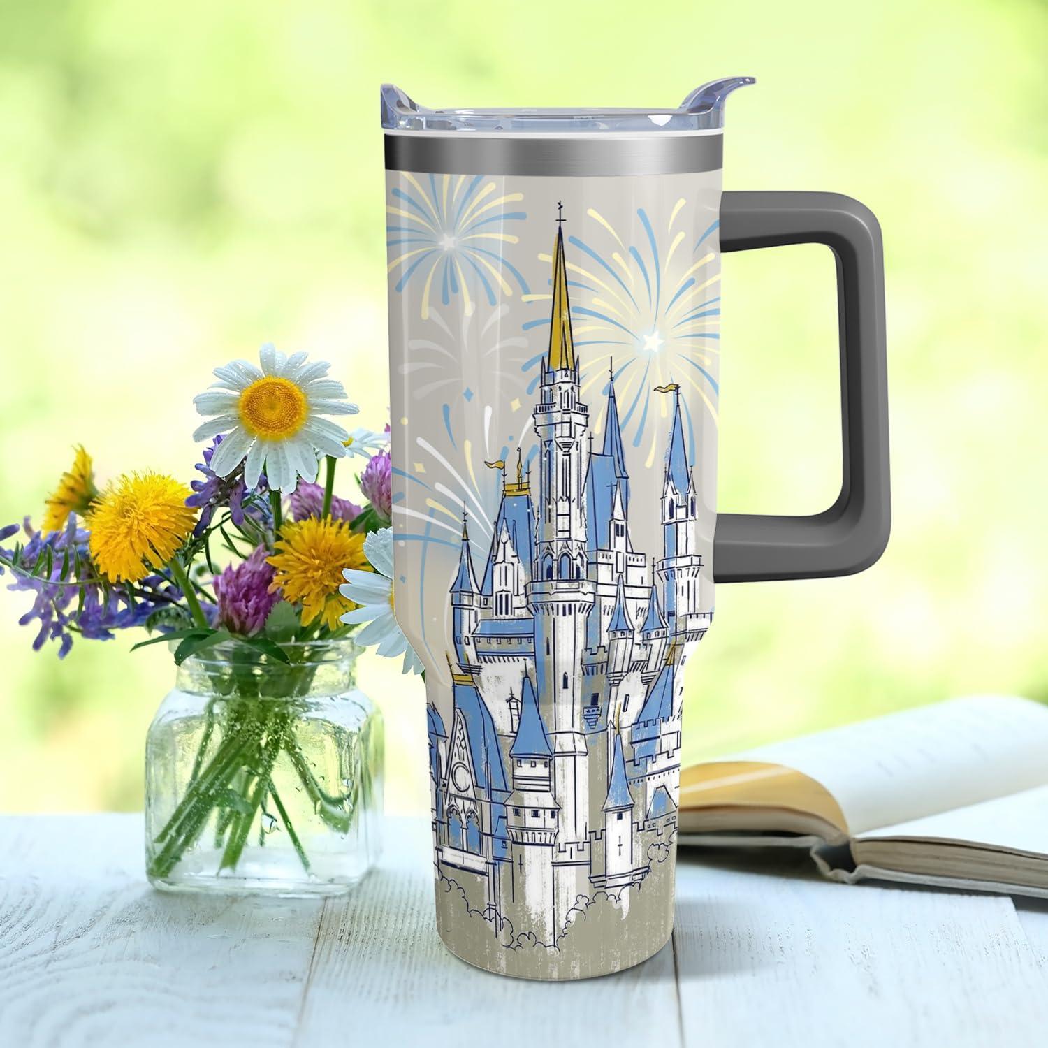 Hachishun 40oz cartoon blue castle tumbler components are top-rack dishwasher safe