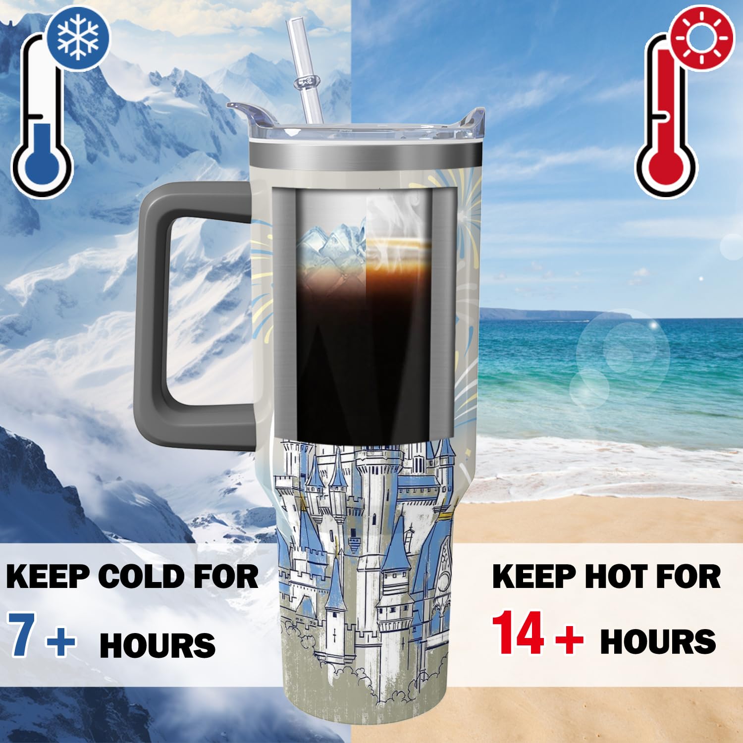 Hachishun 40oz cartoon blue castle tumbler with dual-layer insulation for temperature retention