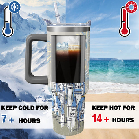 Hachishun 40oz cartoon blue castle tumbler with dual-layer insulation for temperature retention