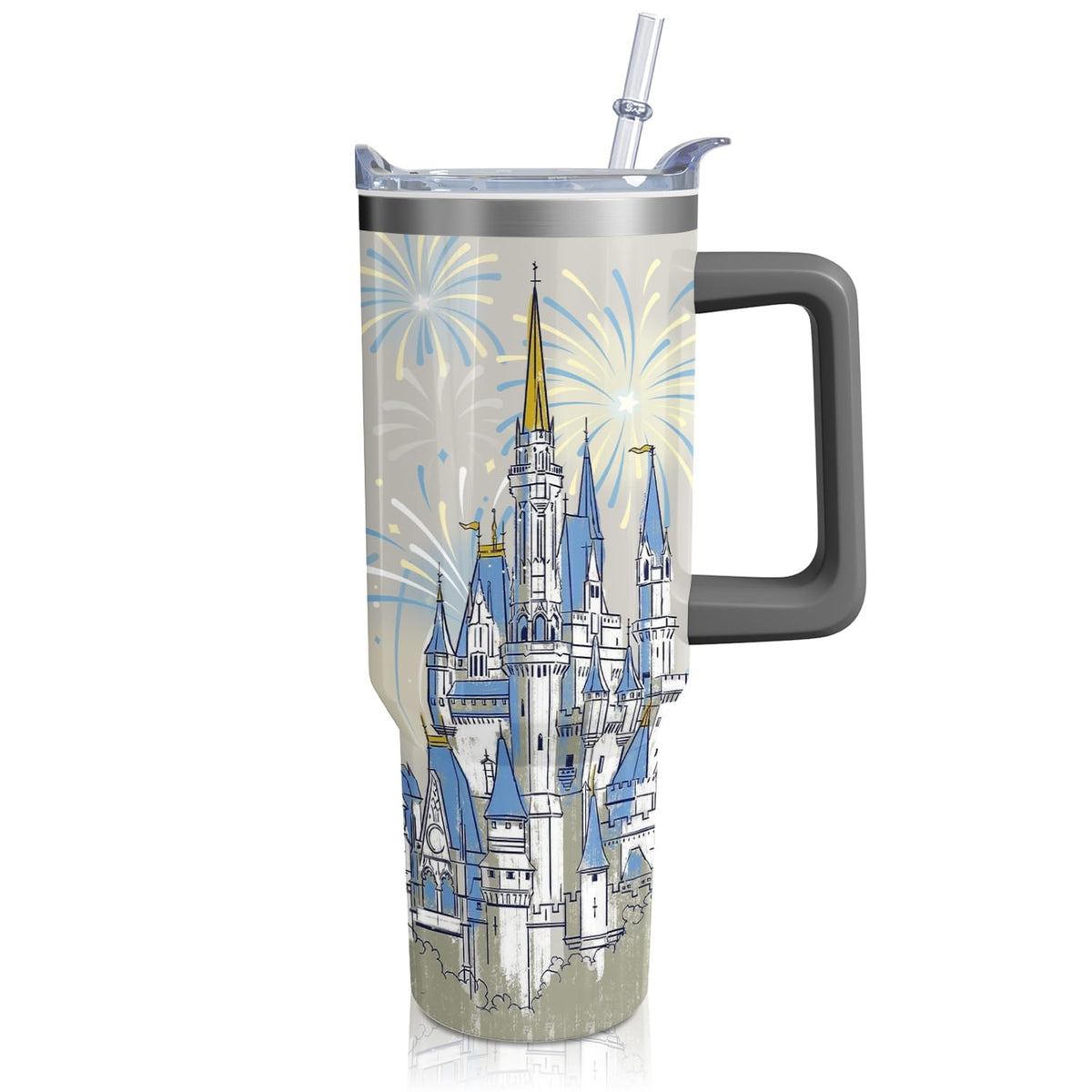Hachishun 40oz cartoon blue castle tumbler with handle and lid for easy portability