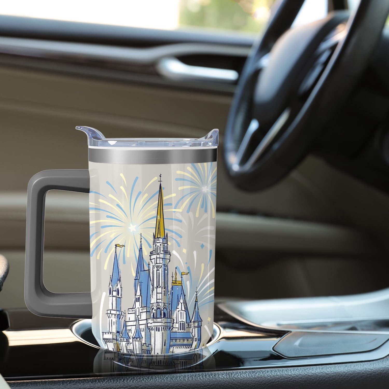 Hachishun 40oz cartoon blue castle tumbler with spill-proof transport design