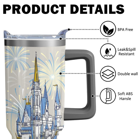 Hachishun 40oz cartoon blue castle tumbler with straw for travel accessibility