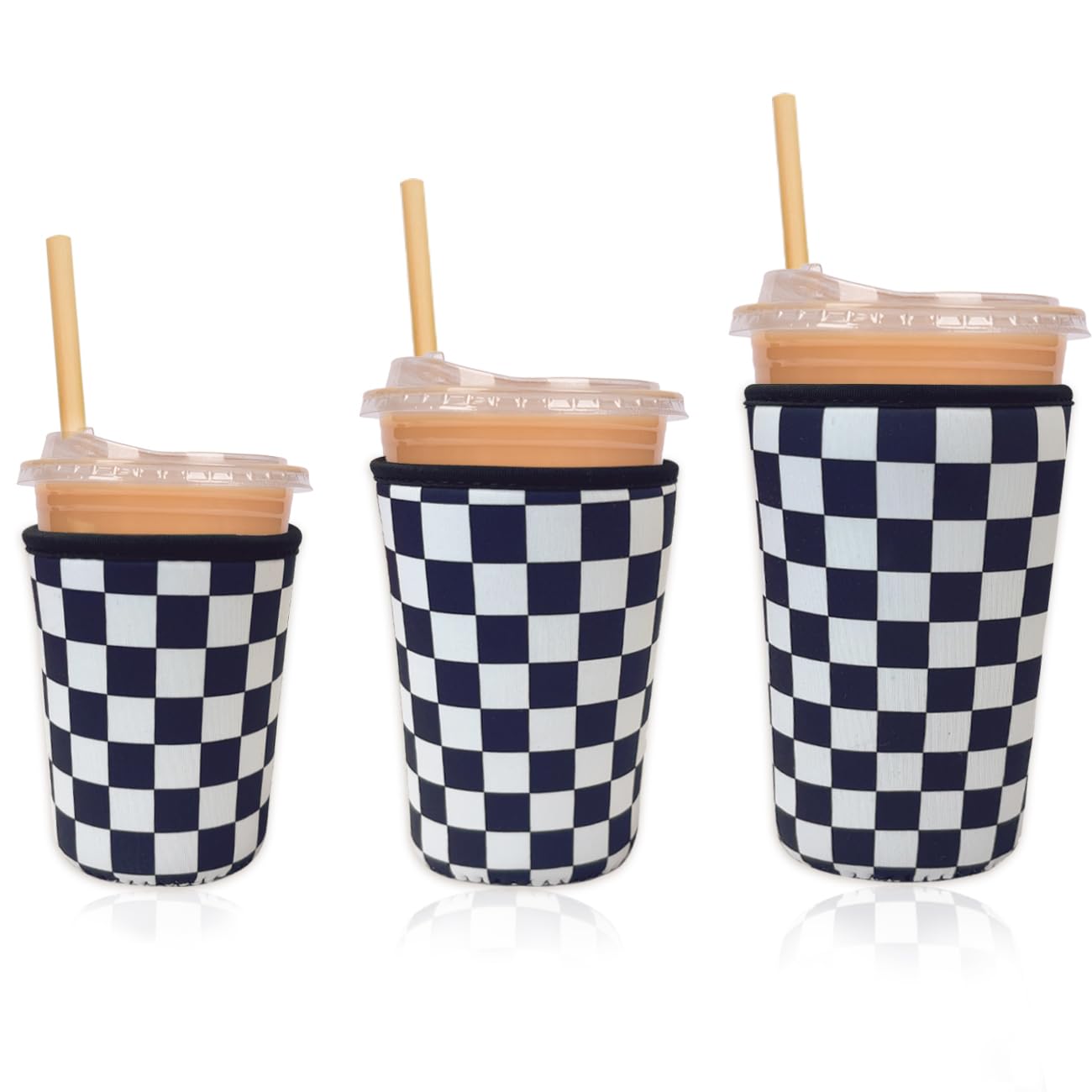 Haevola checker grid cup sleeve for iced coffee on the go, stylish and secure.