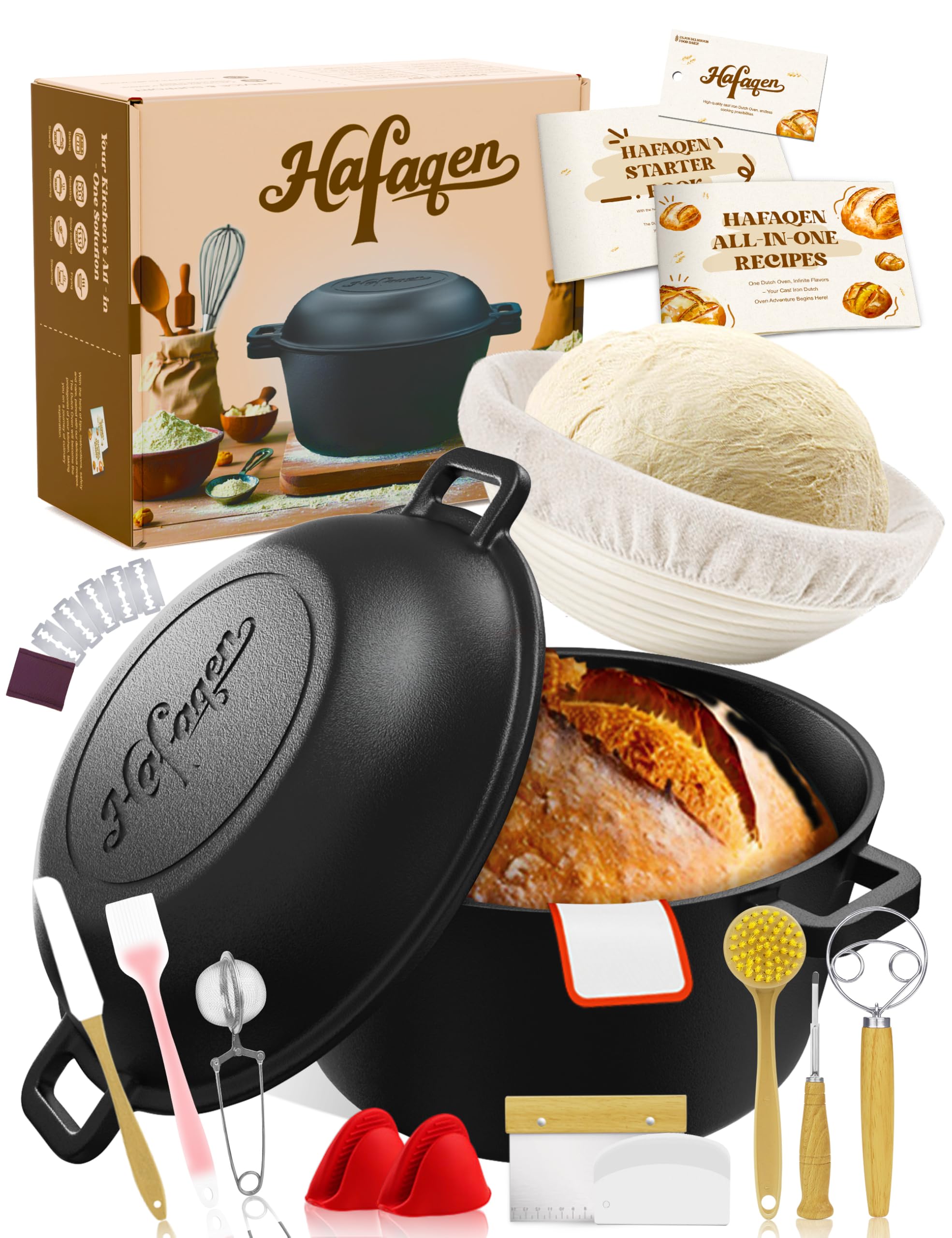 Hafaqen cast iron Dutch oven 5 qt with lid for even heat and crust.