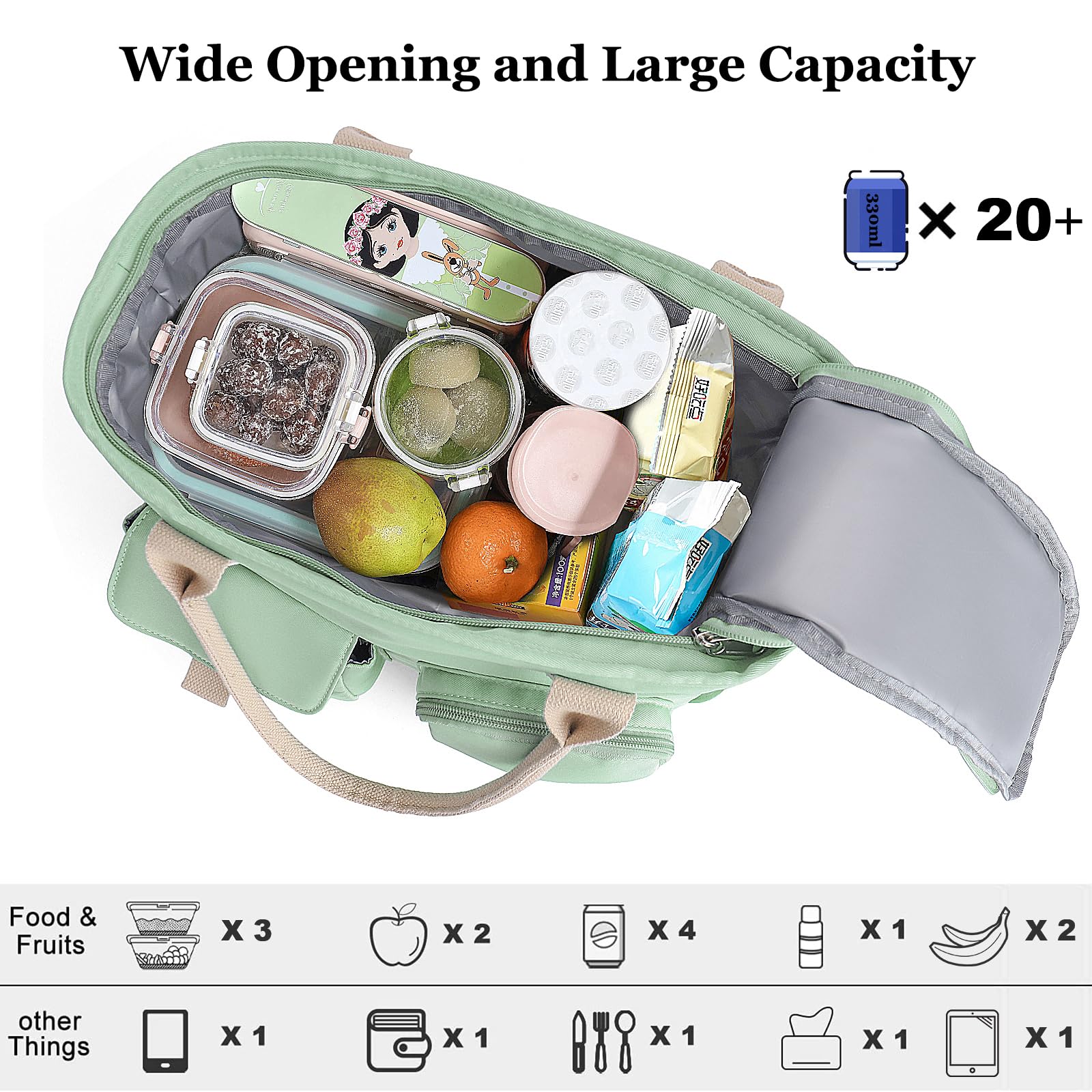 Hafmall large insulated lunch bag wide opening, easy packing and access.