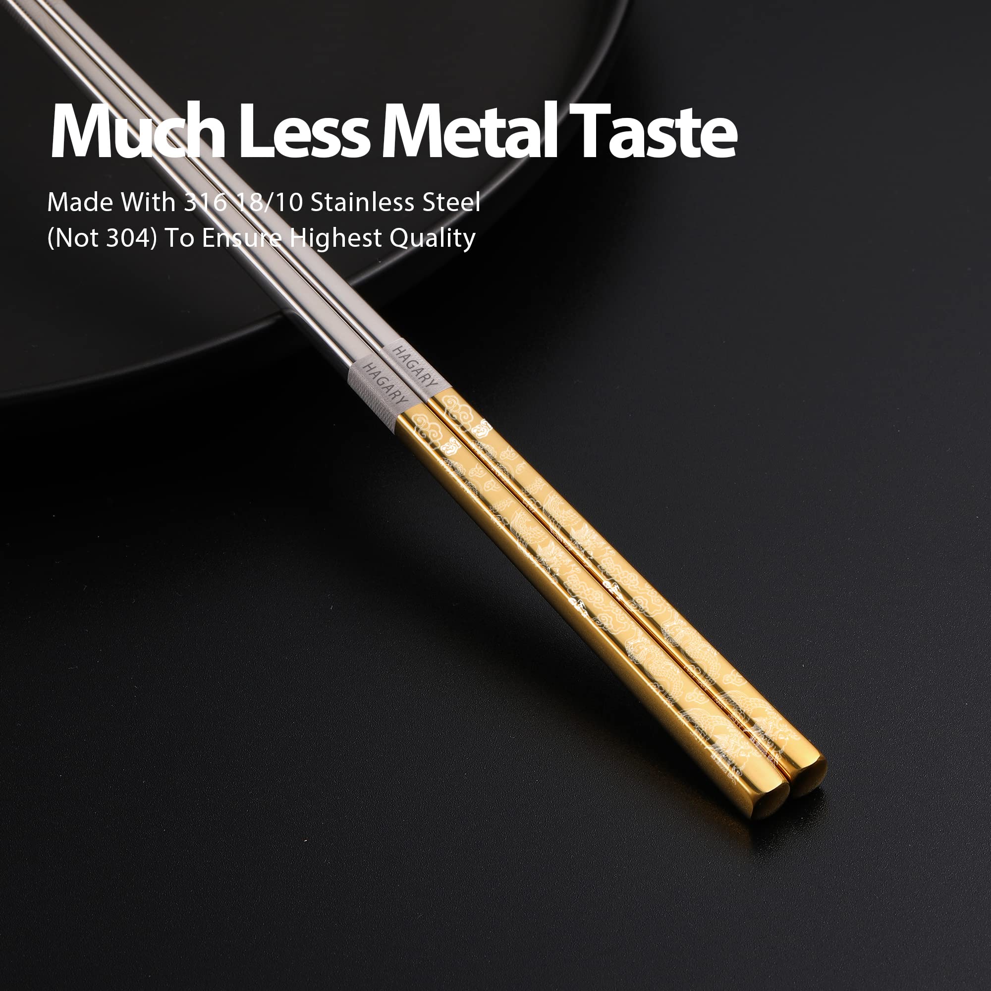 Hagary Dragon Chopsticks made from stainless steel 316 for durability.