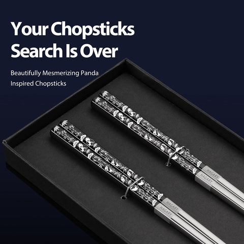 Hagary Panda metal chopsticks with textured tips provide a secure non-slip grip.