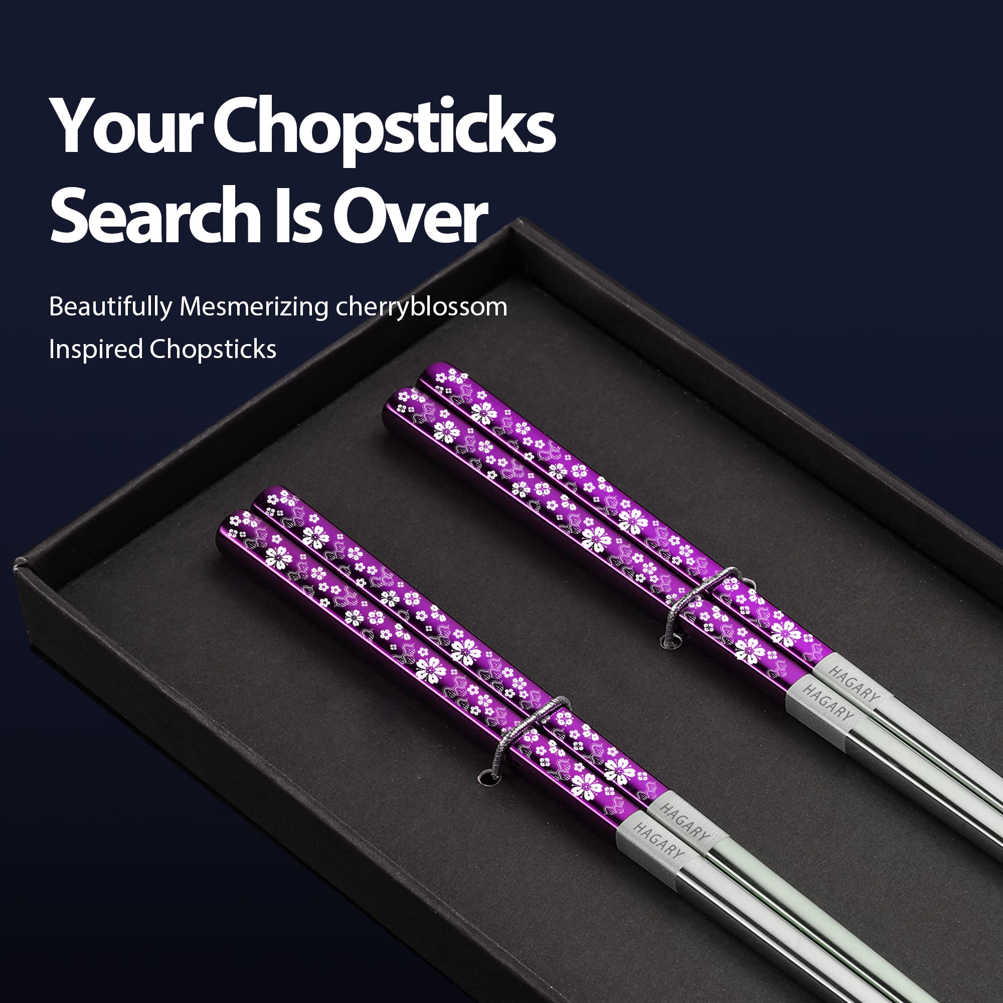 Hagary stainless steel 316-18/10 chopsticks close-up shows textured non-slip tips.
