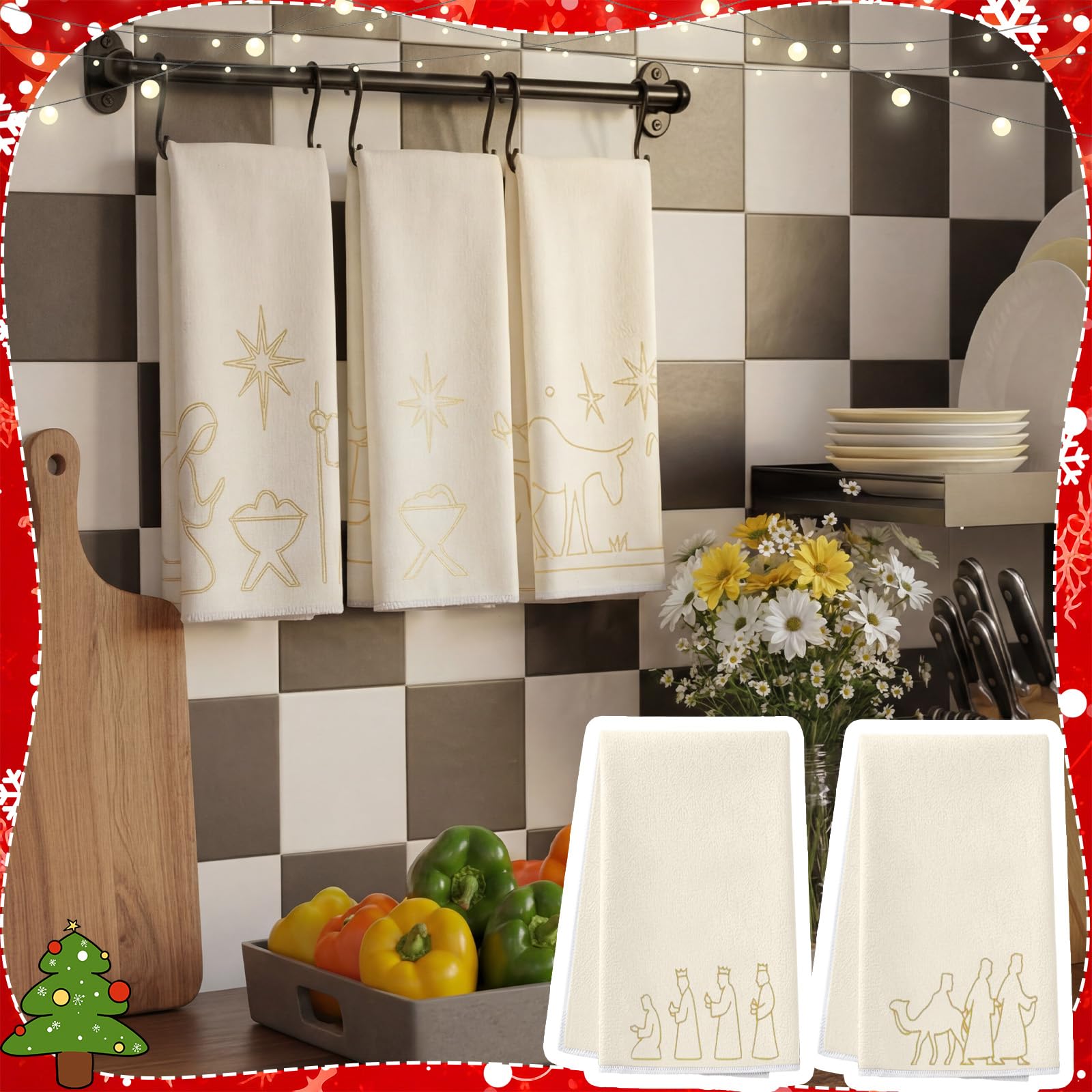 Hahafelt gold and white Christmas towels folded for stylish kitchen display.