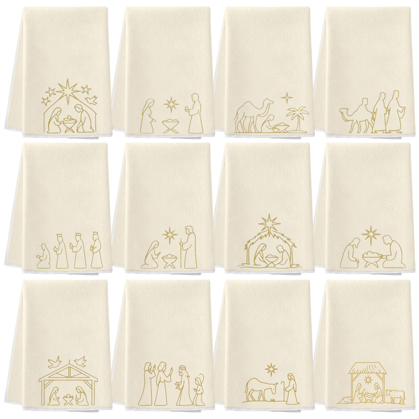 Hahafelt nativity towels 12pc setup for festive kitchen drying and decoration.