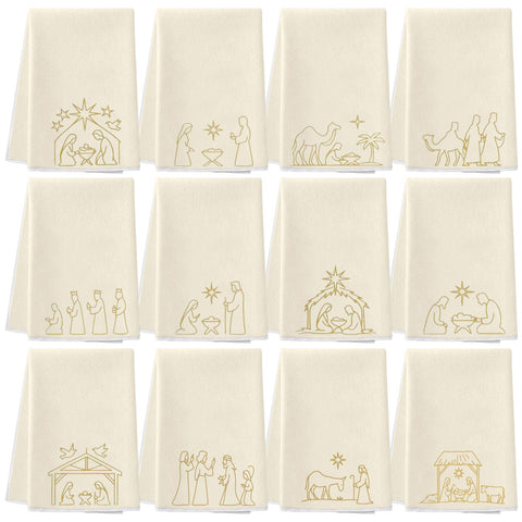 Hahafelt nativity towels 12pc setup for festive kitchen drying and decoration.