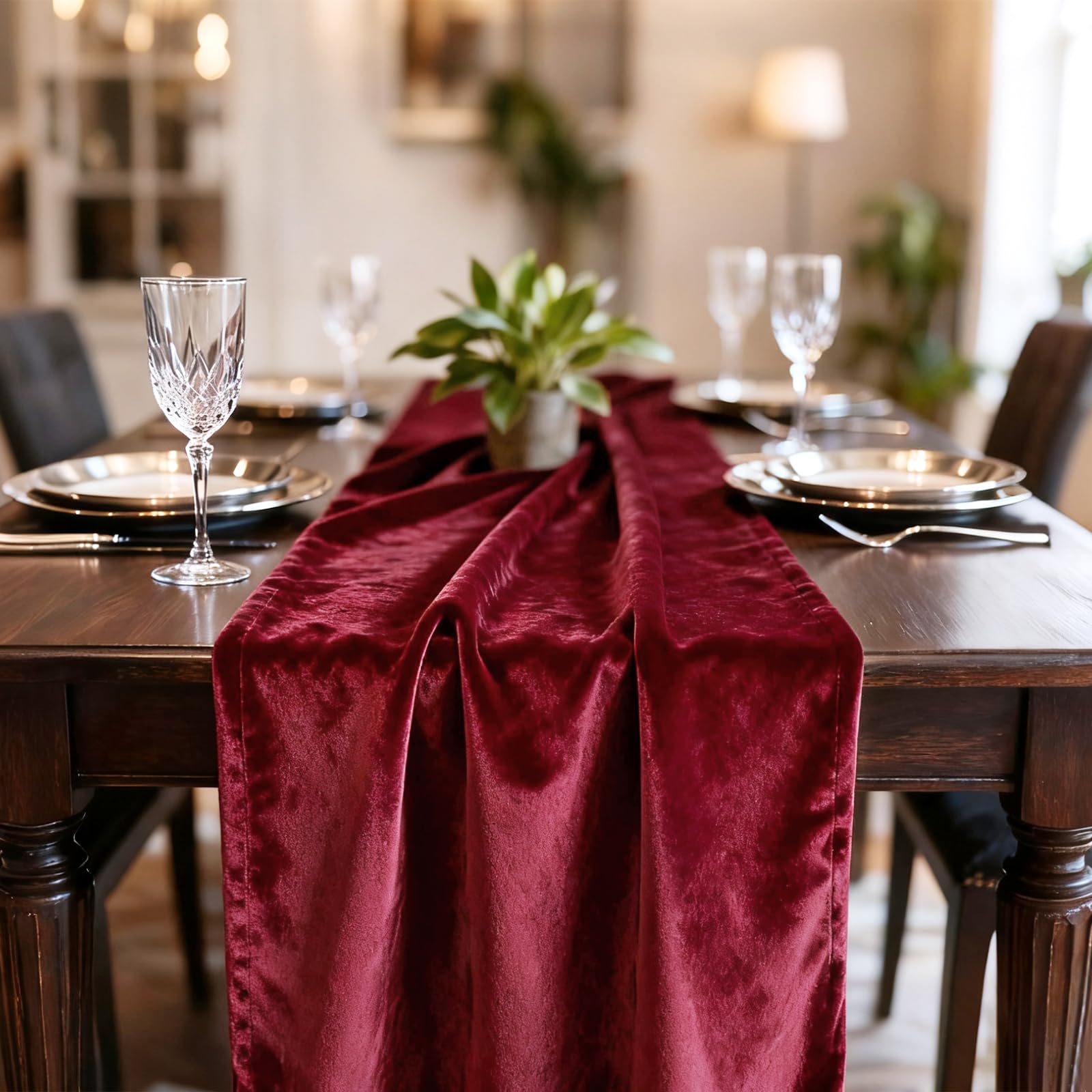Hahuho red velvet table runner with luxurious soft texture for festive dining.