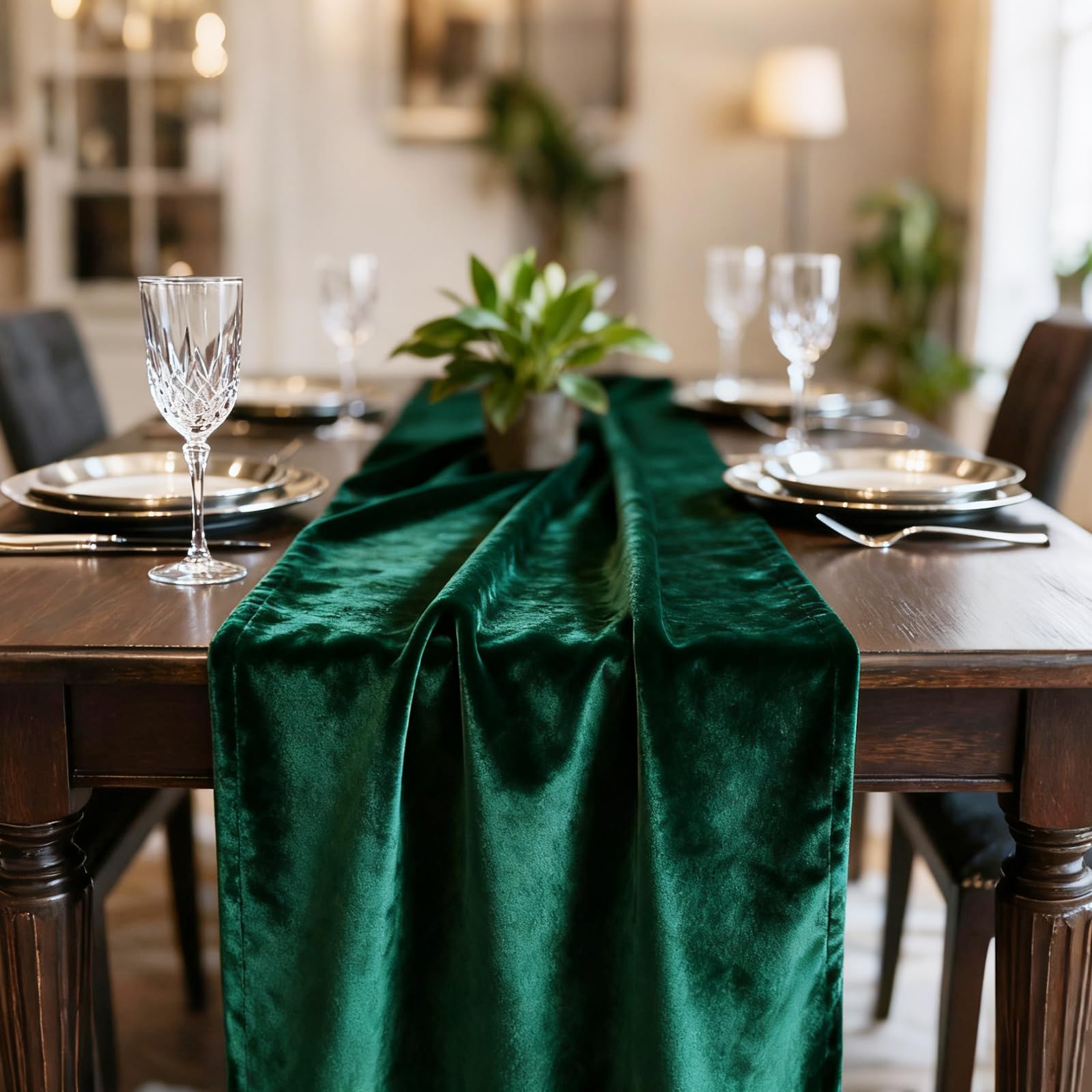 Hahuho velvet table runner in dark green adds festive elegance.