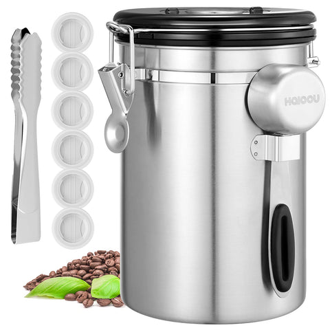 HAIOOU air-tight coffee canister preserves freshness for beans and grounds