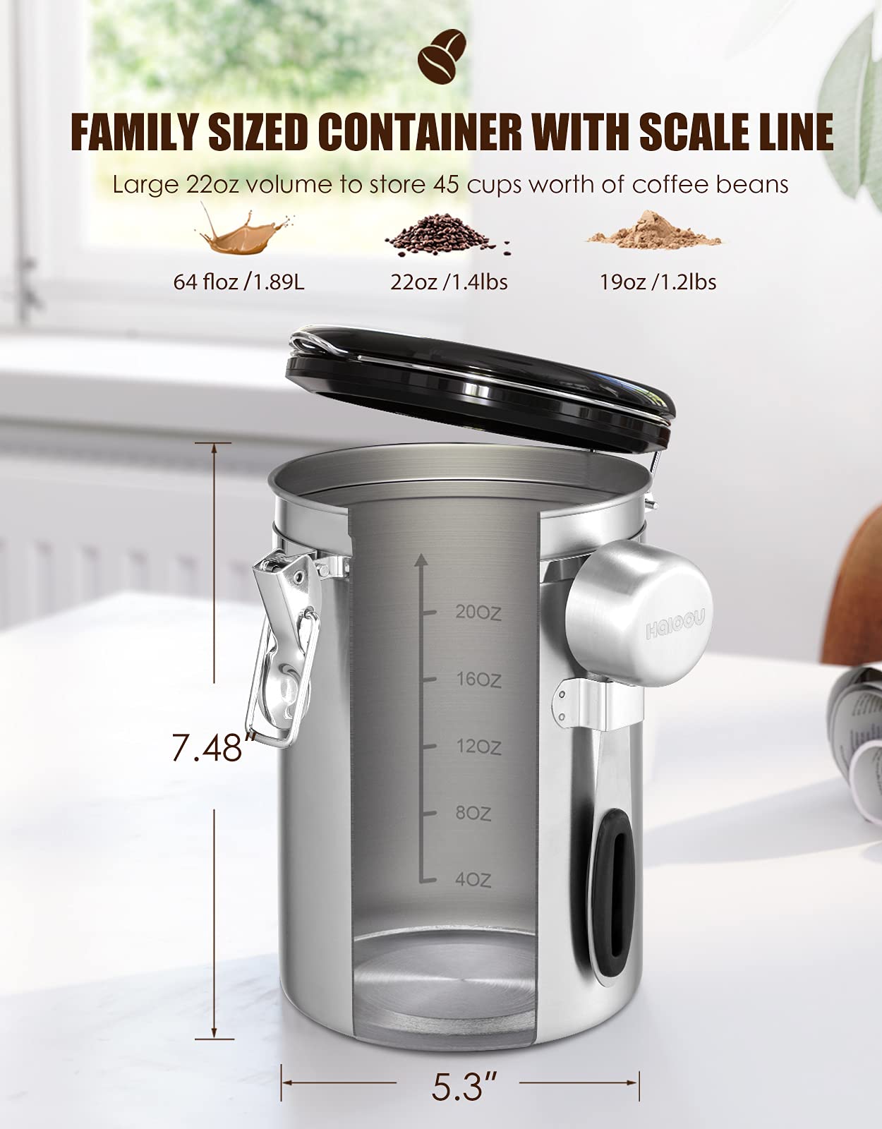 HAIOOU interior stainless steel body provides durable, food-grade storage for beans