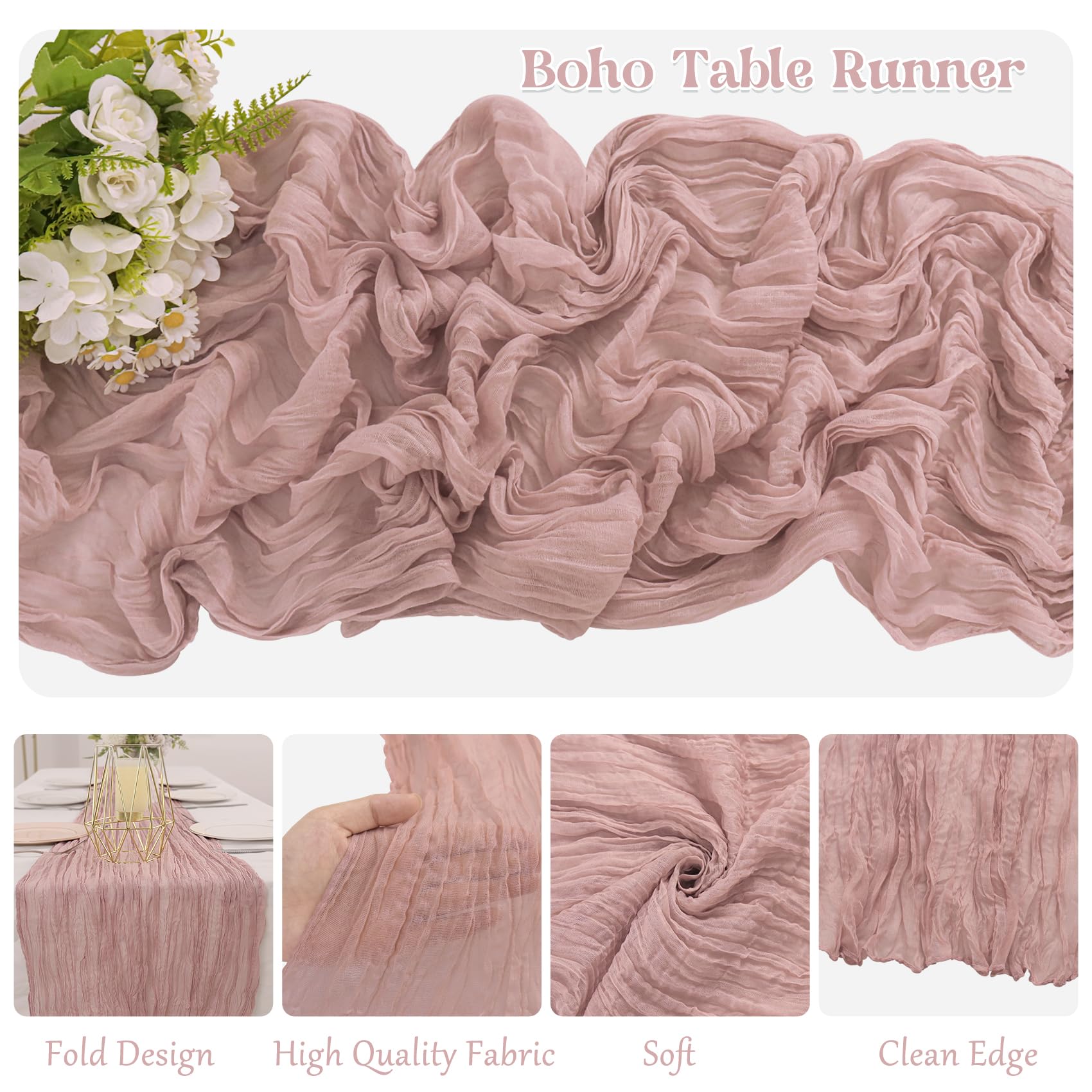 HAISIWLKJ dusty pink cheesecloth table runner suited for long or round tables