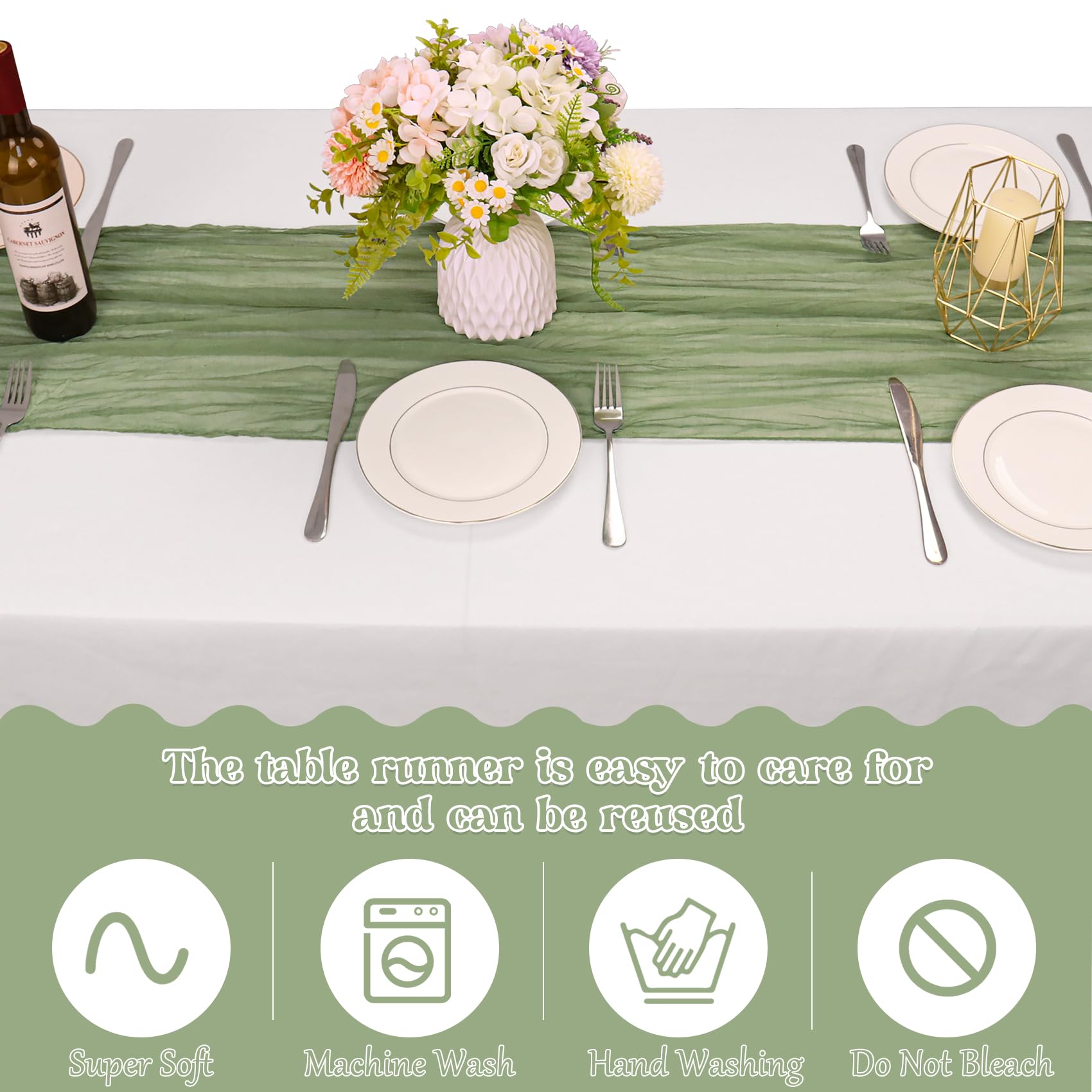 HAISIWLKJ sage green cheesecloth table runner closeup of textured gauze fabric