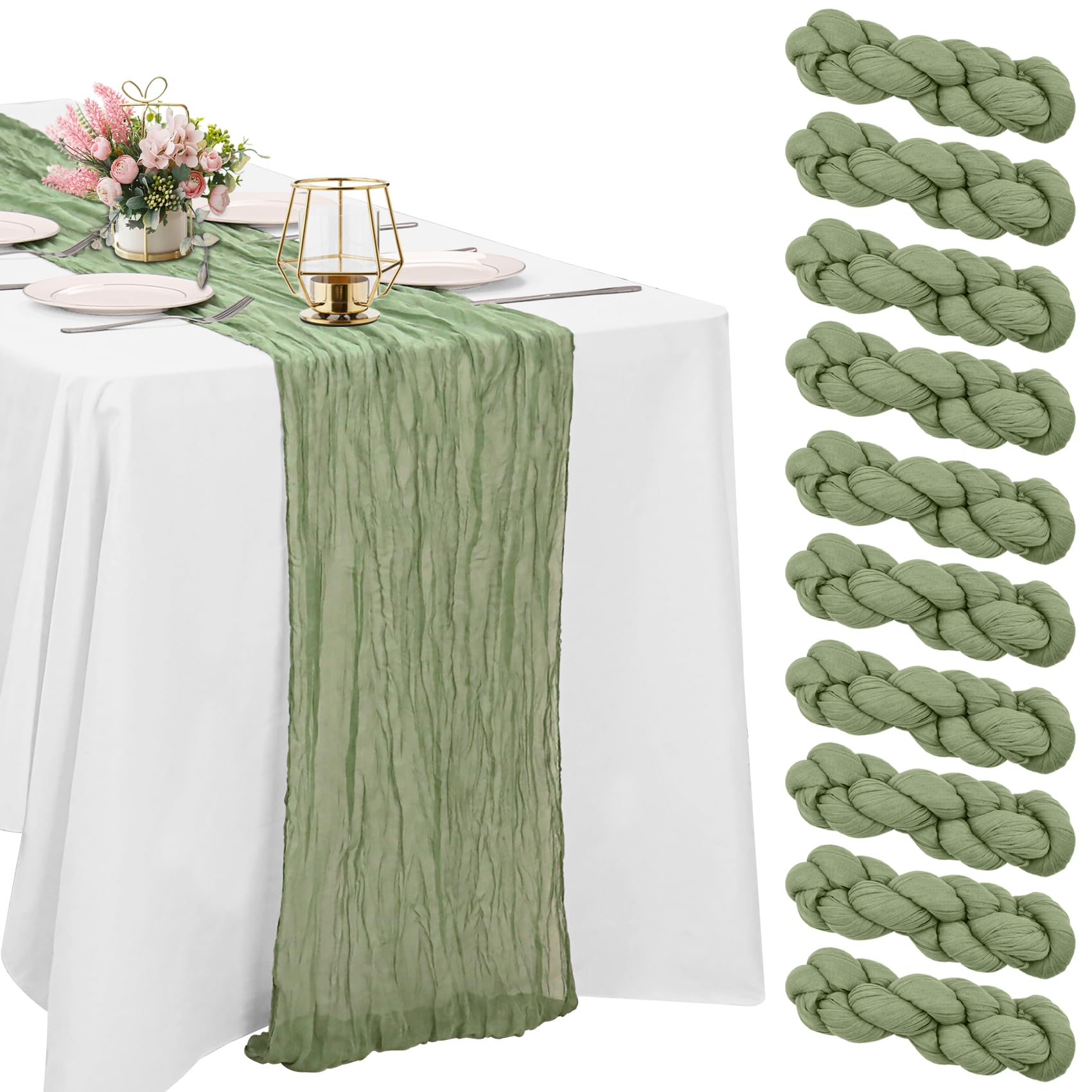 HAISIWLKJ sage green cheesecloth table runner front view for rustic wedding decor