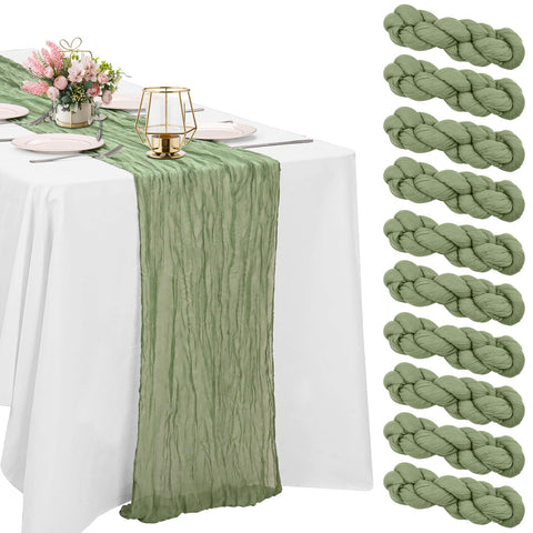 HAISIWLKJ sage green cheesecloth table runner front view for rustic wedding decor