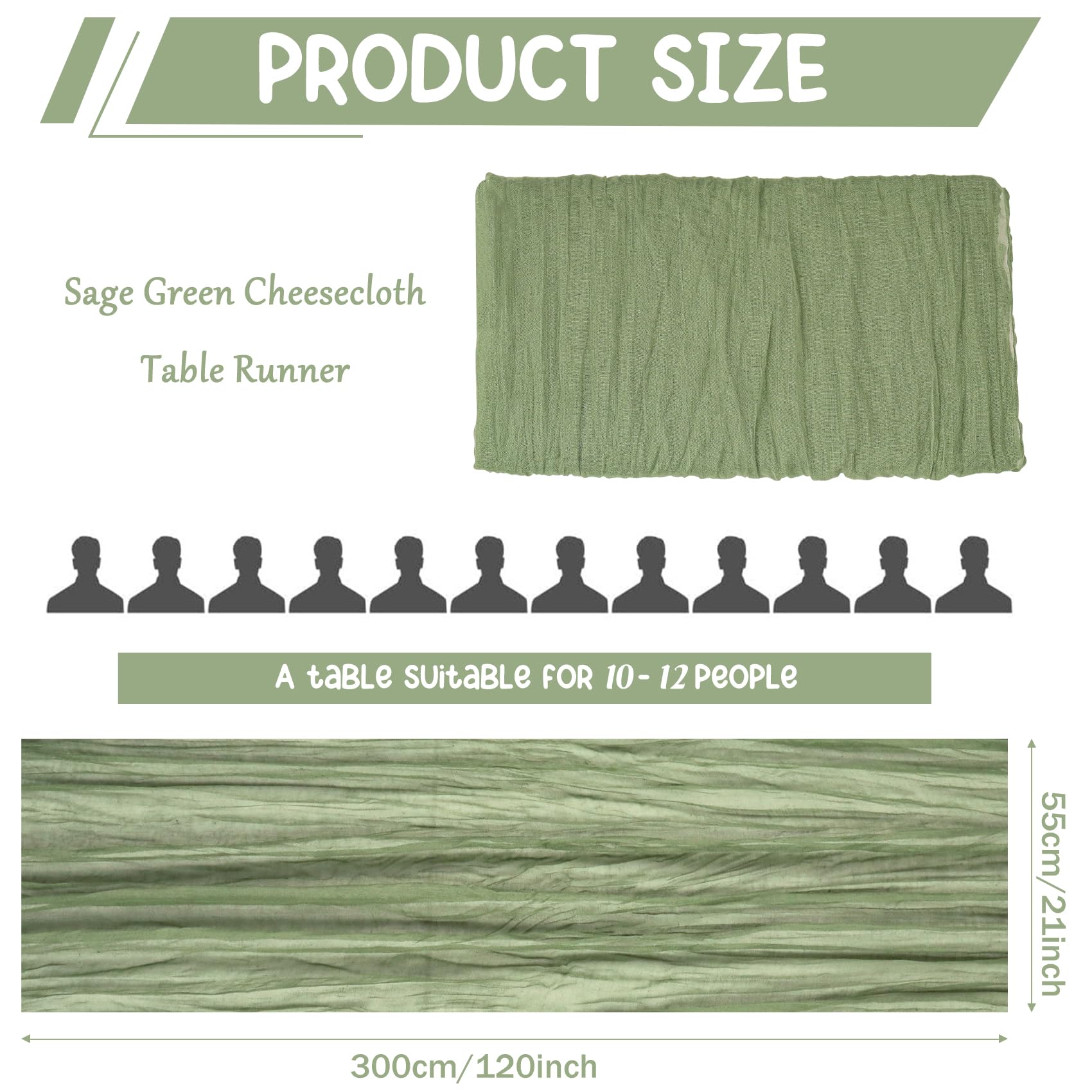 HAISIWLKJ sage green cheesecloth table runner side view highlighting light, airy style