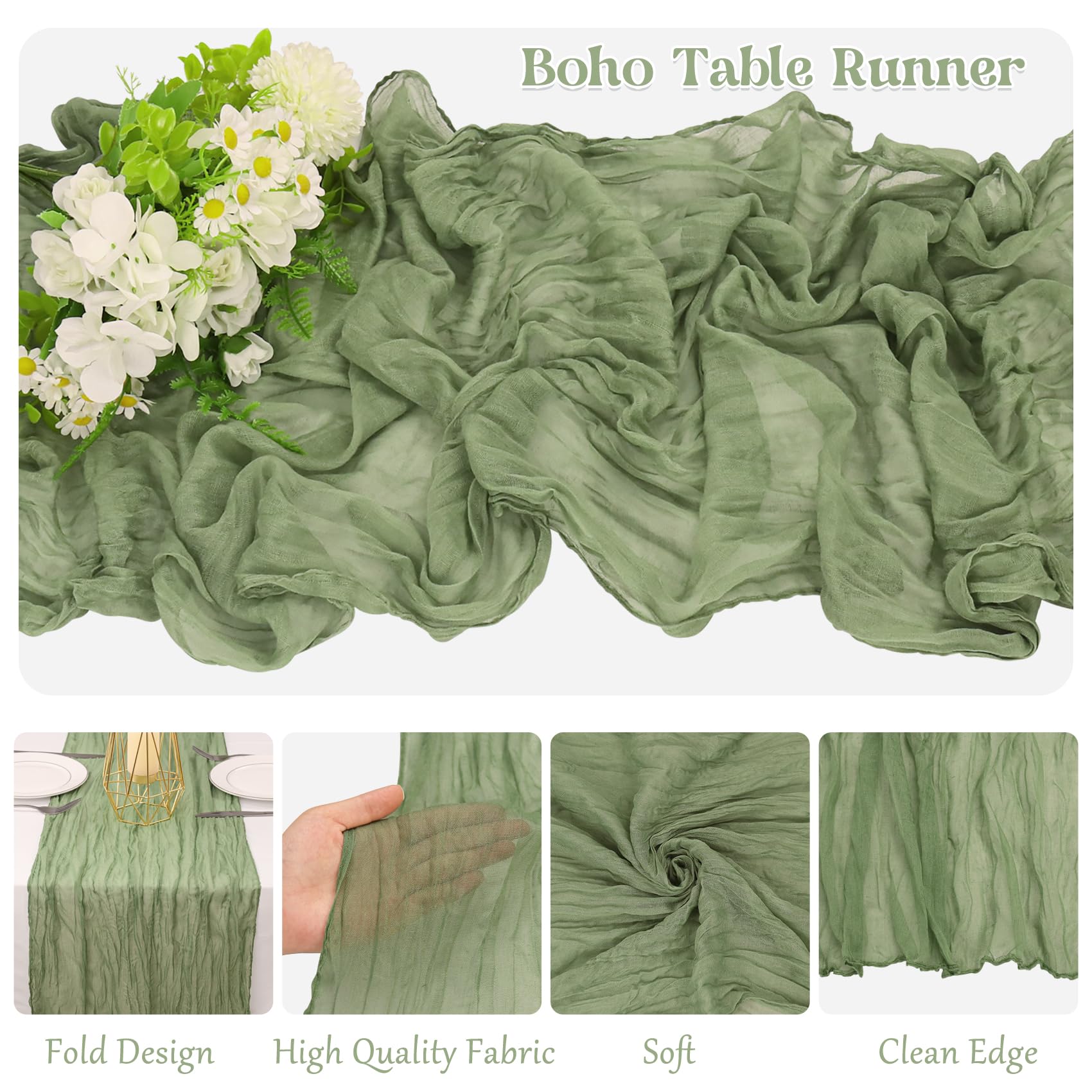 HAISIWLKJ sage green cheesecloth table runner wedding setup with draped fabric