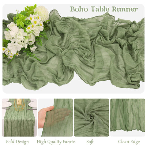 HAISIWLKJ sage green cheesecloth table runner wedding setup with draped fabric