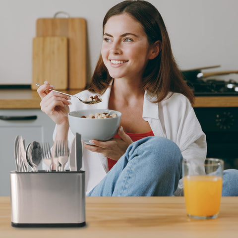 Haiyouneer silverware caddy with four compartments neatly separates utensils.
