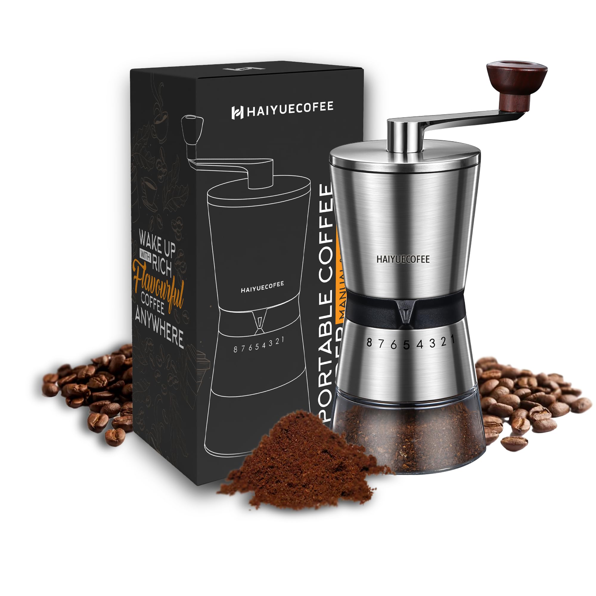 HAIYUECOFEE manual grinder close-up with ceramic burr for consistent grinding.
