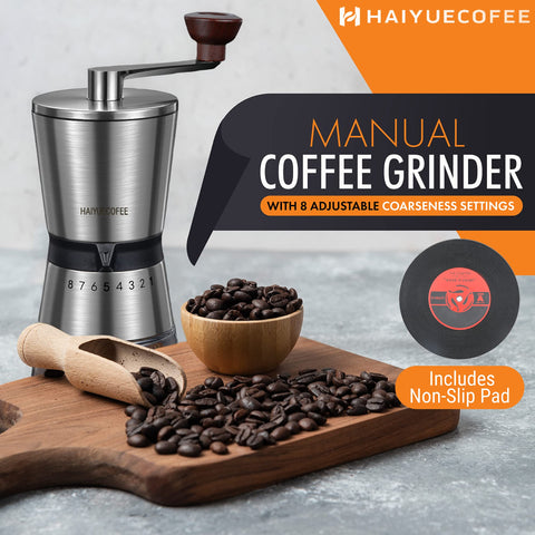 HAIYUECOFEE manual grinder on a kitchen countertop, ready for fresh beans.