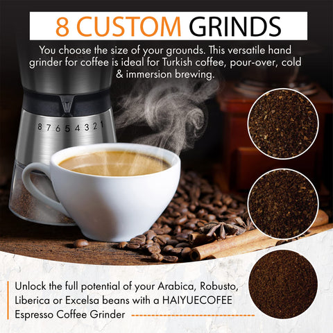 HAIYUECOFEE manual grinder dial showing eight settings for versatile brewing.