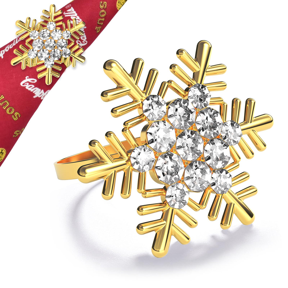 Halatool Christmas napkin rings with gold snowflake design sparkling on festive tables