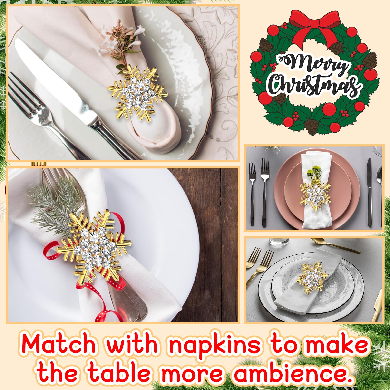 Halatool gold snowflake napkin rings illuminate winter tabletop setups