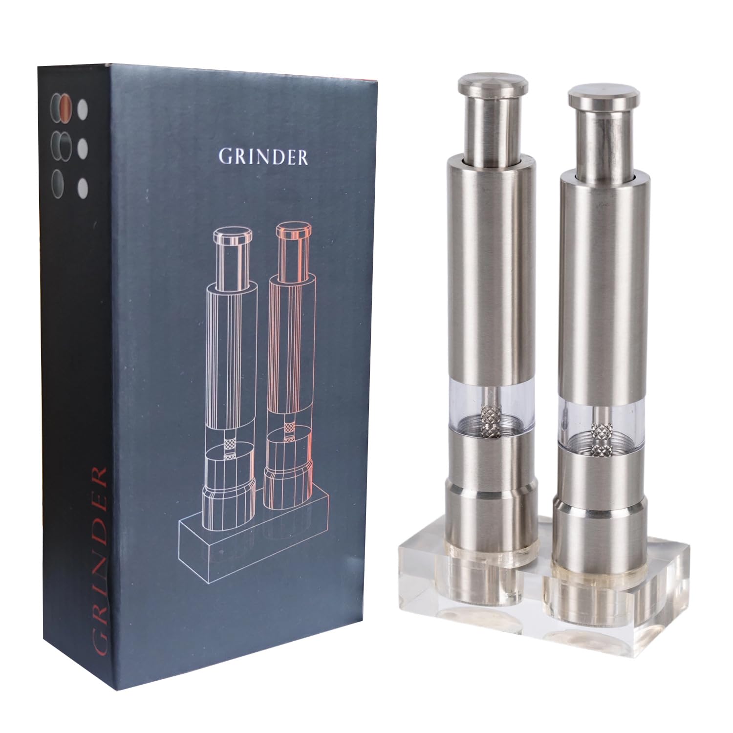 HalfofLife stainless steel salt and pepper grinders with push button for easy one-handed seasoning.