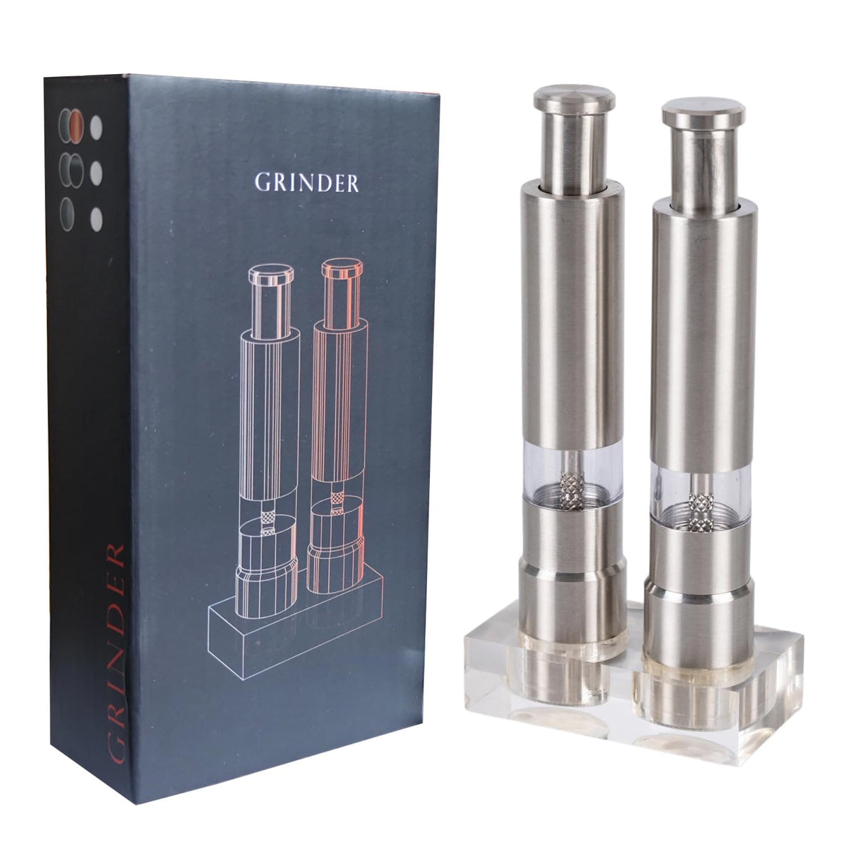 HalfofLife stainless steel salt and pepper grinders with push button for easy one-handed seasoning.