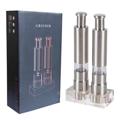 HalfofLife stainless steel salt and pepper grinders with push button for easy one-handed seasoning.