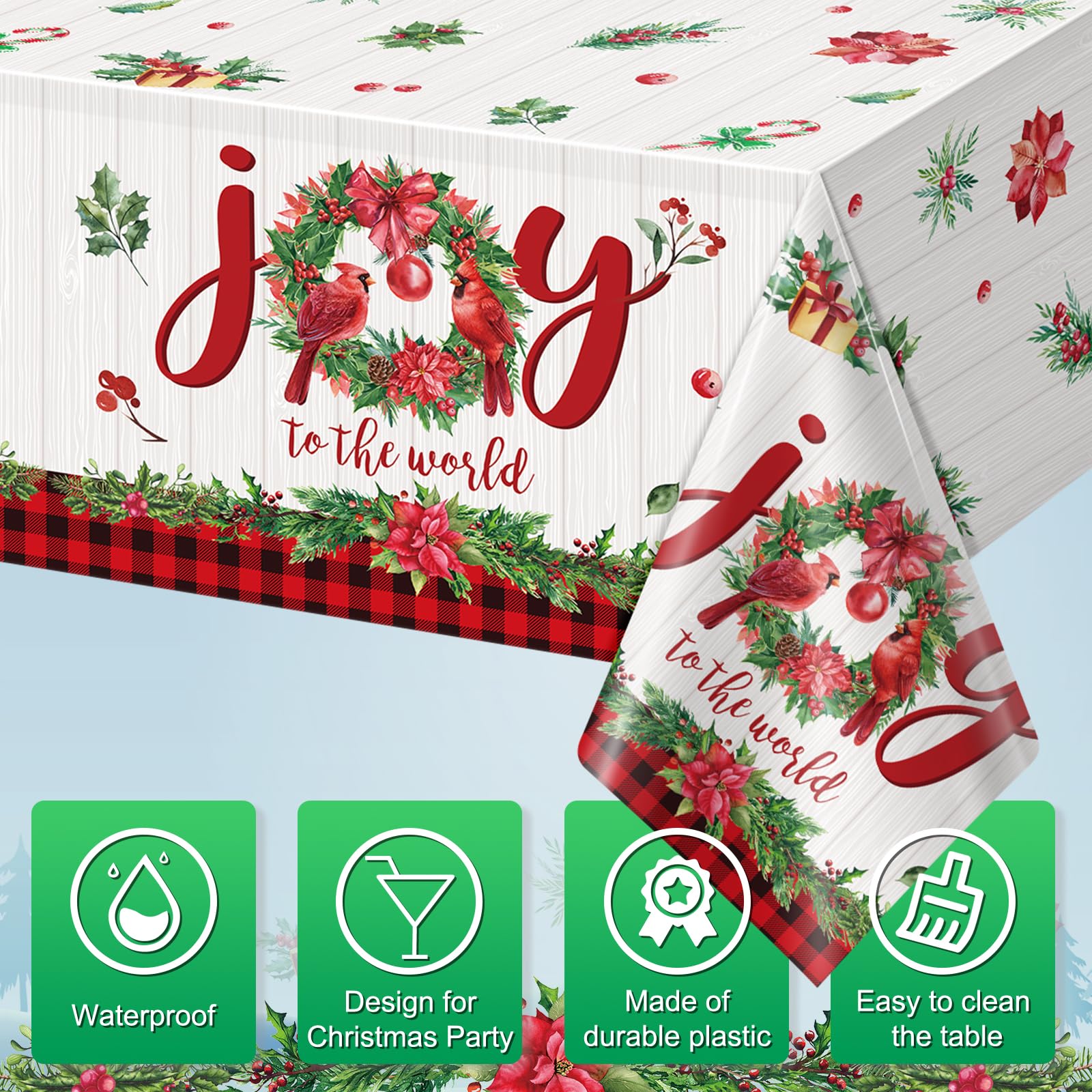 Hallswl wood-grain backdrop with JOY letters tablecloth enhances warm winter tables